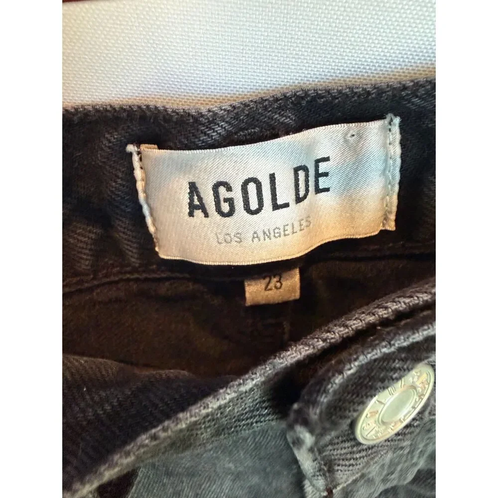 AGOLDE Parker Long Frayed Hem Button Fly Black Denim Cutoff Shorts Size 23